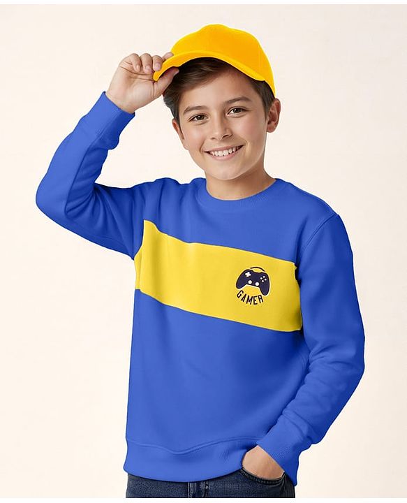 Pine Kids Cotton Knit Full Sleeves Sweatshirt With Cut & Sew Design & Game Print - Blue