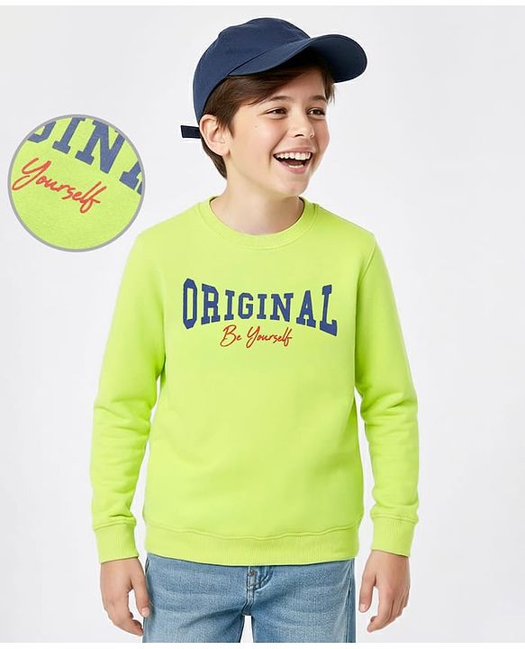 Pine Kids Cotton Full Sleeves Sweatshirt Text Print - Lime Green