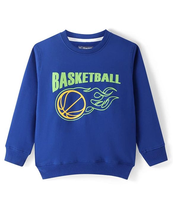 Pine Kids Cotton Knit Full Sleeves Sweatshirt with Basketball Print - Blue