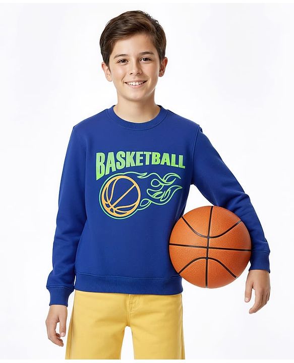 Pine Kids Cotton Knit Full Sleeves Sweatshirt with Basketball Print - Blue