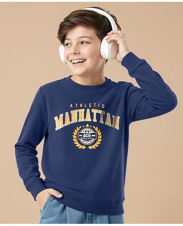 Pine Kids Cotton Knit Full Sleeves Sweatshirt with Text Print - Blue