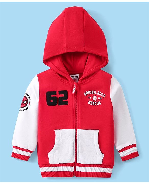 Babyhug Marvel Full Sleeves Front Open Hooded Sweat Jacket With Front and Back Spider Man Graphic, Embroidery Detailing - Red