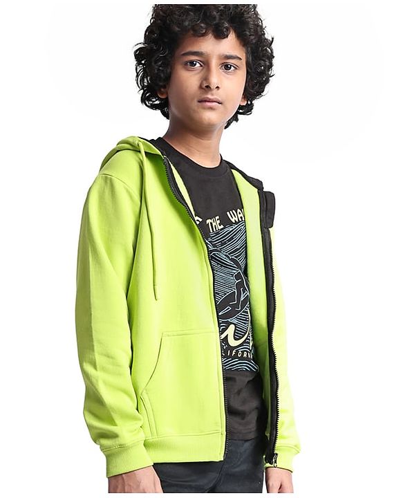 Pine Kids Knit Full Sleeves Hooded Solid Colour Sweatshirt with Kangaloo Pockets- Light Green