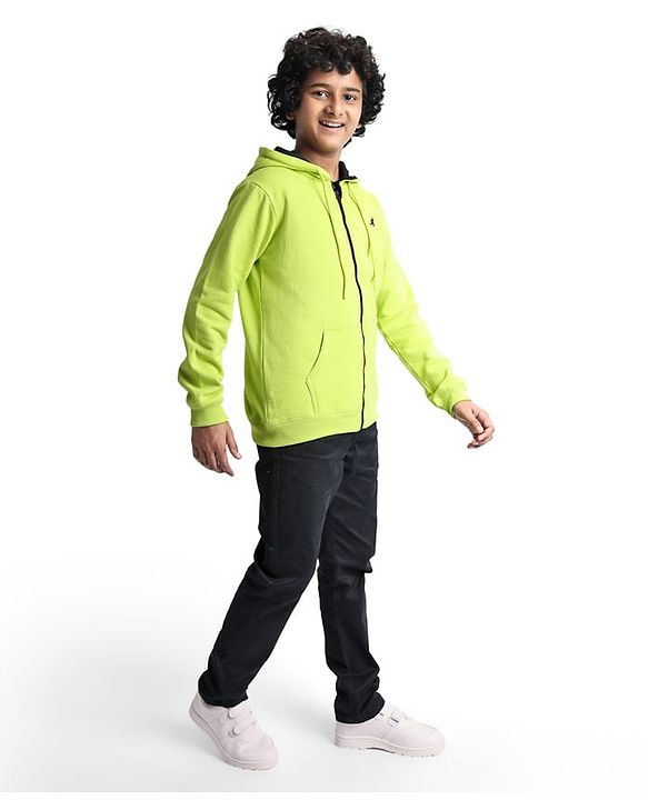Pine Kids Knit Full Sleeves Hooded Solid Colour Sweatshirt with Kangaloo Pockets- Light Green