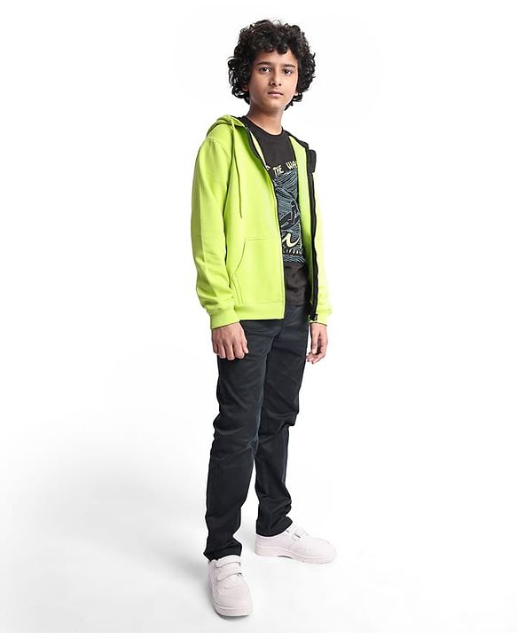 Pine Kids Knit Full Sleeves Hooded Solid Colour Sweatshirt with Kangaloo Pockets- Light Green