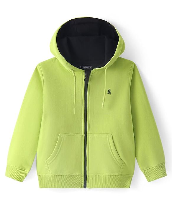 Pine Kids Knit Full Sleeves Hooded Solid Colour Sweatshirt with Kangaloo Pockets- Light Green