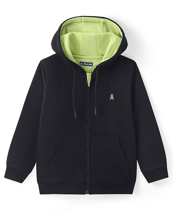 Pine Kids Knit Full Sleeves Hooded Solid Colour Sweatshirt with Kangaloo Pockets- Light Green