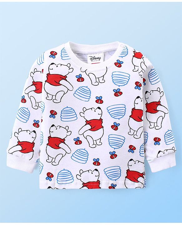 Babyhug Disney Knit Full Sleeves Winnie The Pooh Graphic T-Shirt Terry Dungaree Set & Applique Detailing Dungaree - Red