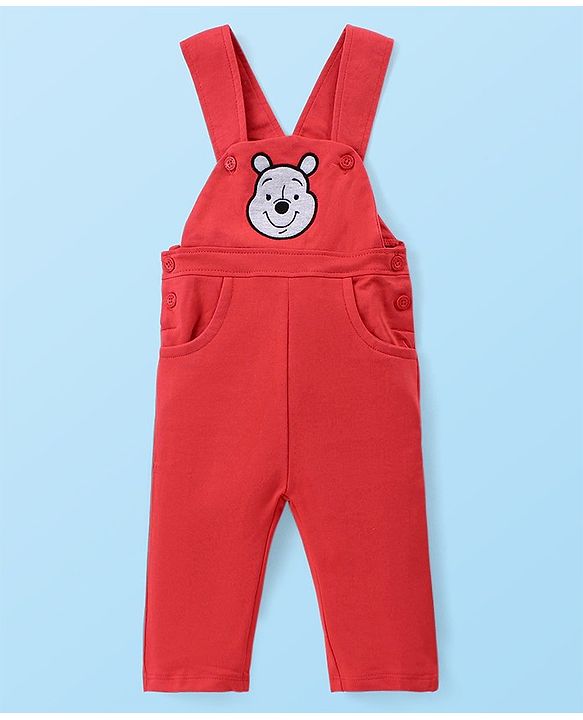 Babyhug Disney Knit Full Sleeves Winnie The Pooh Graphic T-Shirt Terry Dungaree Set & Applique Detailing Dungaree - Red