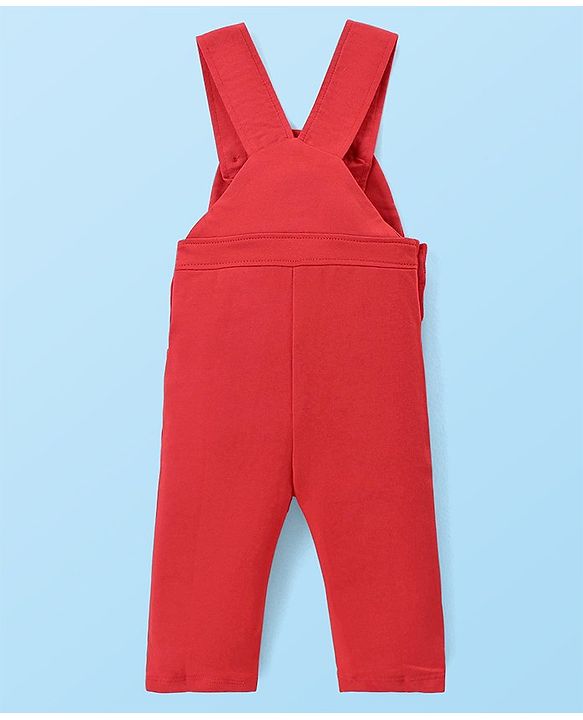 Babyhug Disney Knit Full Sleeves Winnie The Pooh Graphic T-Shirt Terry Dungaree Set & Applique Detailing Dungaree - Red