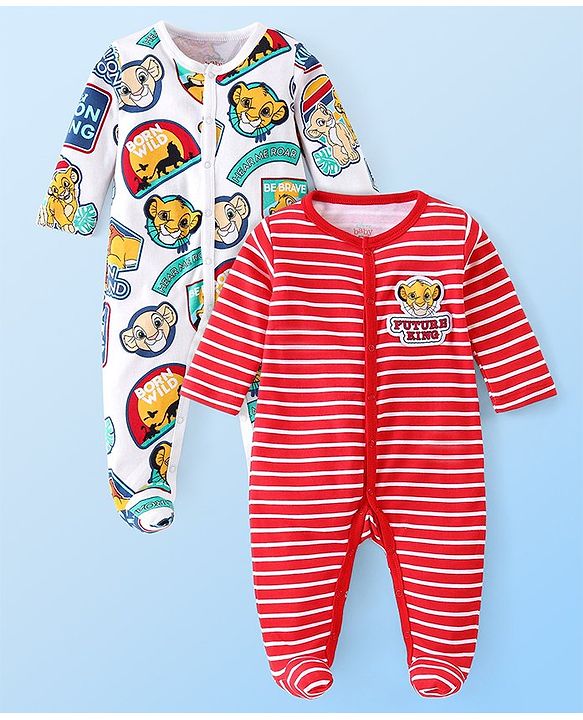 Babyhug Disney Interlock Knit Full Sleeves Footed Sleep Suits with Striped & The Lion King Graphics Pack of  2  - Red & White