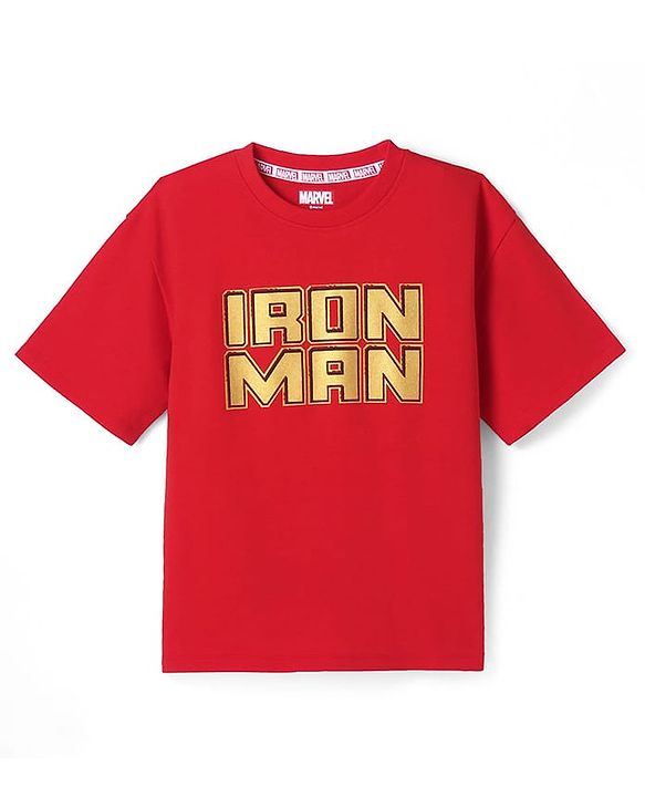 Pine Kids Marvel Terry Knit  Half Sleeves Oversized T-Shirt With Iron Man Graphic and Metallic Effect - Red