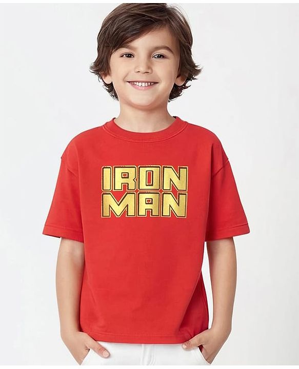 Pine Kids Marvel Terry Knit  Half Sleeves Oversized T-Shirt With Iron Man Graphic and Metallic Effect - Red