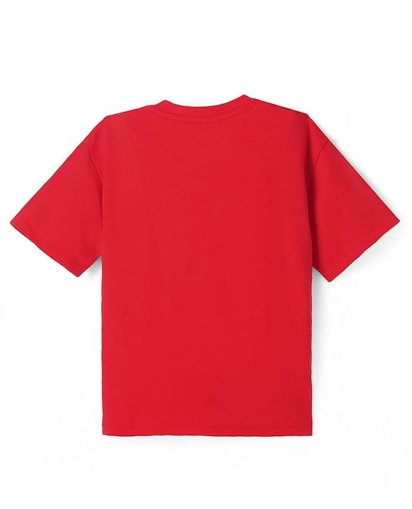 Pine Kids Marvel Terry Knit  Half Sleeves Oversized T-Shirt With Iron Man Graphic and Metallic Effect - Red