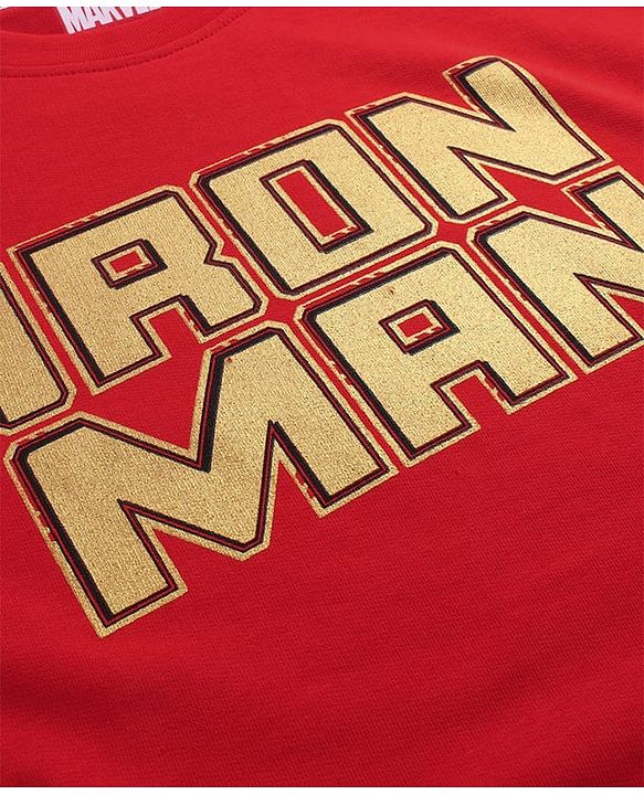 Pine Kids Marvel Terry Knit  Half Sleeves Oversized T-Shirt With Iron Man Graphic and Metallic Effect - Red