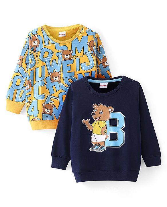 Babyhug Cotton Knit Full Sleeves Sweatshirts With Bear & Alphabates Print Pack of 2 - Navy Blue & Yellow
