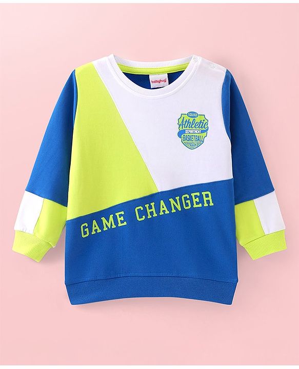 Babyhug Cotton Knit Full Sleeves Sweatshirts With Colour Block Design & Text Print - Blue
