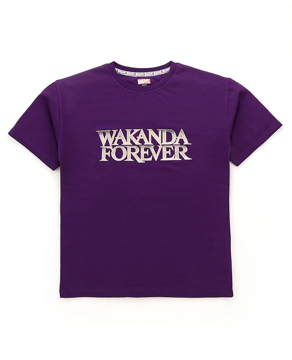 Pine Kids Marvel Terry Knit Half Sleeves Oversized Light Weight T-Shirt With Wakanda Forever Graphics - Purple