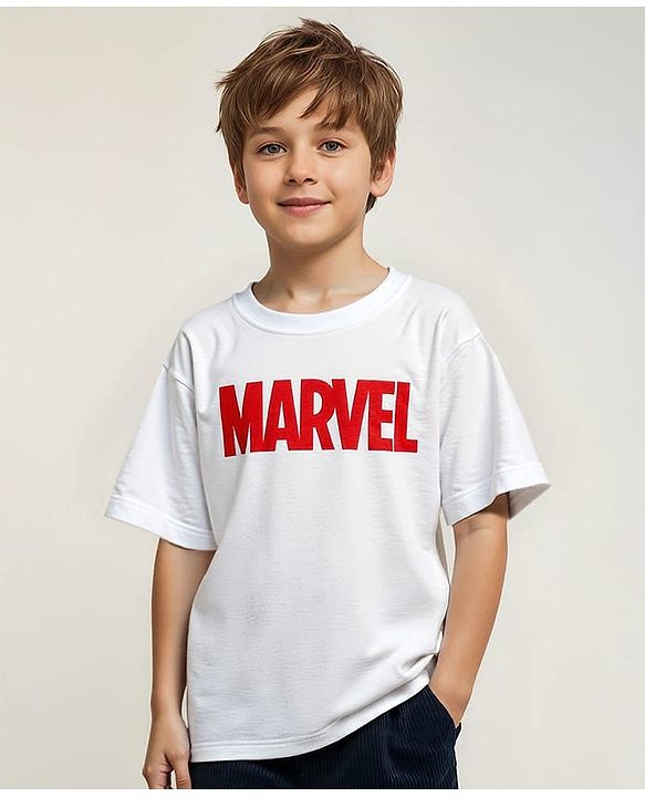 Pine Kids Marvel Terry Knit Half Sleeves Oversized Light Weight T-Shirt With Marvel Graphics - White