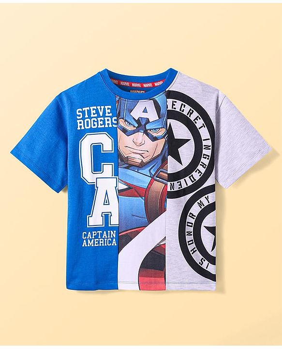 Pine Kids Marvel Terry Knit Half Sleeves Cut & Sew Designed Light Weight T-Shirt with Captain America Graphics - Blue & White