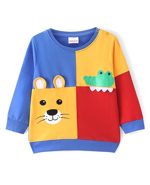 Babyhug Cotton Knit Full Sleeves Sweatshirt With Cut & Sew Design & Animal Applique - Multicolour