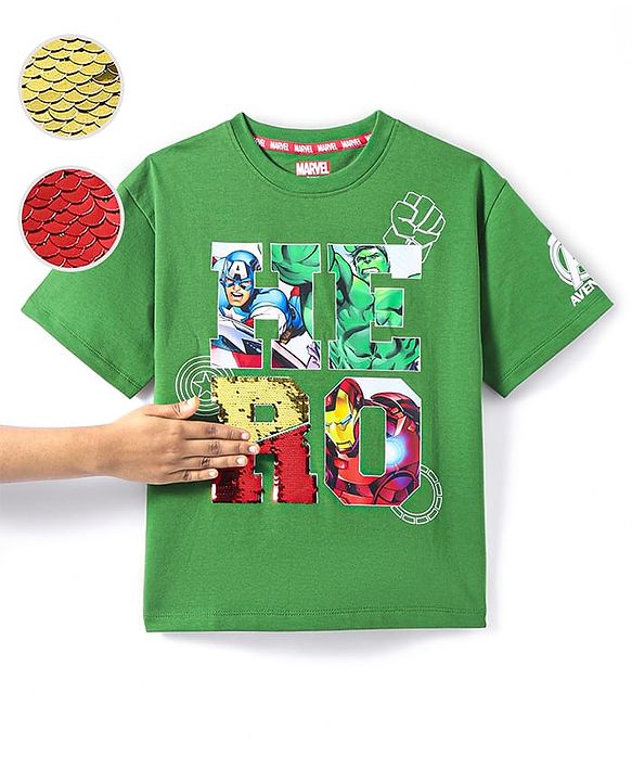 Pine Kids Marvel Terry Knit Half Drop Shoulder Sleeves T-Shirts with Avengers Graphics & Reversible Sequins Detailing - Green