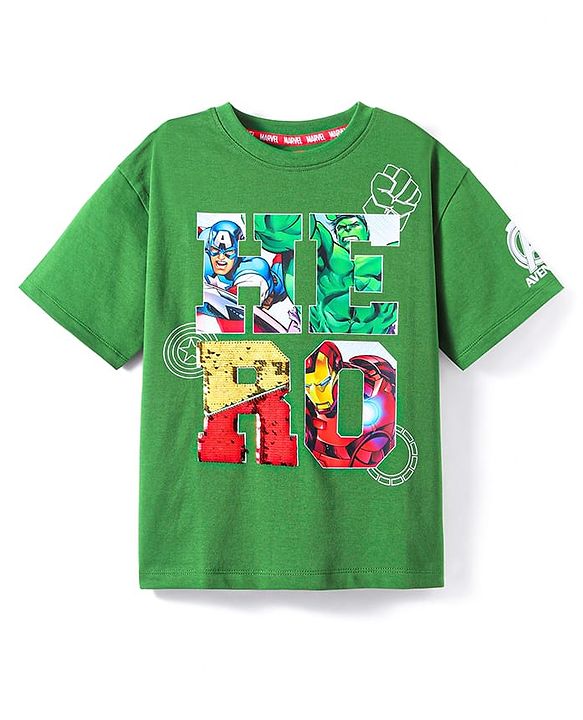 Pine Kids Marvel Terry Knit Half Drop Shoulder Sleeves T-Shirts with Avengers Graphics & Reversible Sequins Detailing - Green