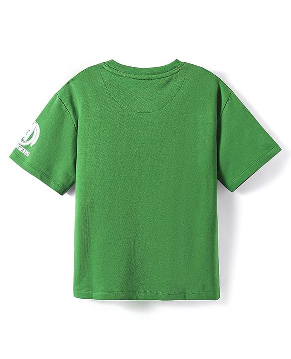 Pine Kids Marvel Terry Knit Half Drop Shoulder Sleeves T-Shirts with Avengers Graphics & Reversible Sequins Detailing - Green