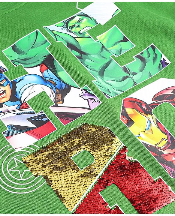 Pine Kids Marvel Terry Knit Half Drop Shoulder Sleeves T-Shirts with Avengers Graphics & Reversible Sequins Detailing - Green