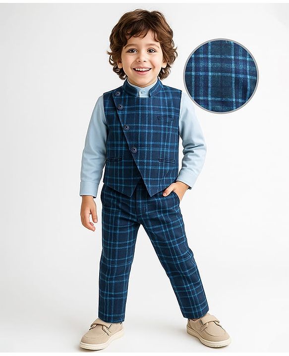 Babyhug Woven Full Sleeves Checkered 3 Piece Party Suit - Light Blue