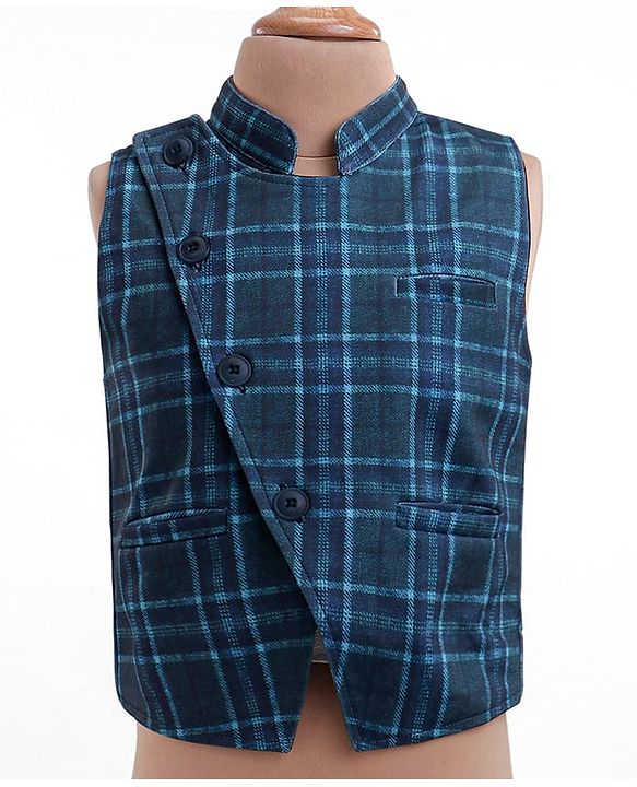 Babyhug Woven Full Sleeves Checkered 3 Piece Party Suit - Light Blue