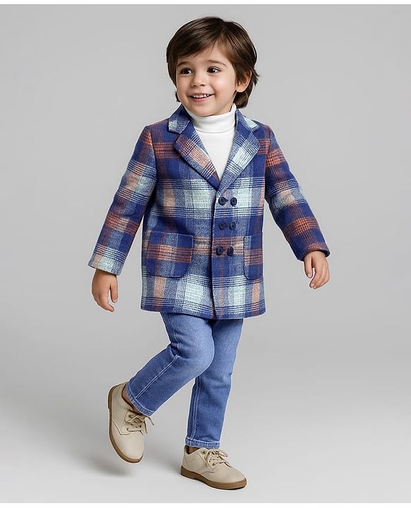 Babyhug Woven Solid T-Shirt & Jeans Set With Full Sleeves Checks Blazer - White