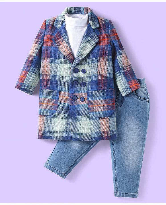 Babyhug Woven Solid T-Shirt & Jeans Set With Full Sleeves Checks Blazer - White