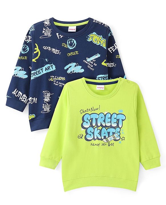 Babyhug Cotton Knit Full Sleeves Sweatshirt with Text Design Pack of 2 - Green & Blue