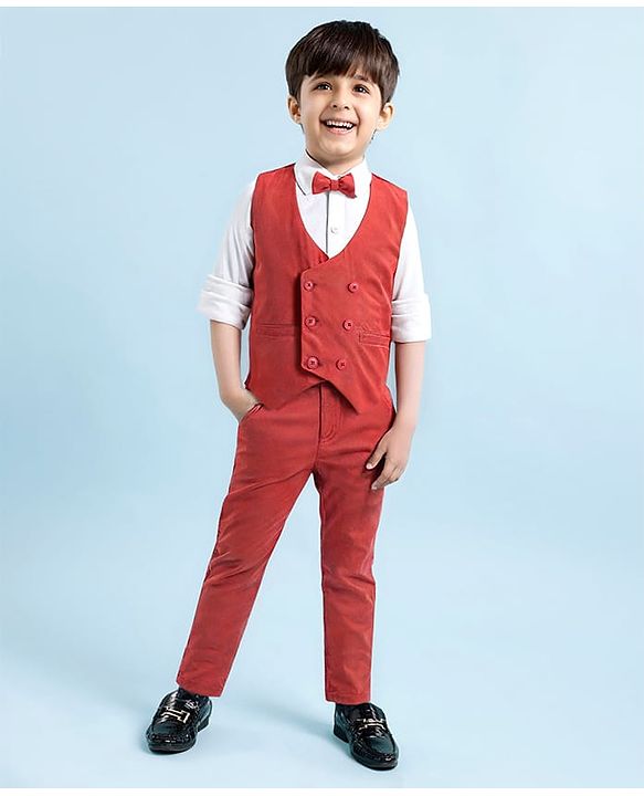 Babyhug Woven Full Sleeves Solid Color Party Suit with Shirt Waistcoat Trousers and Bow - White Rust Red