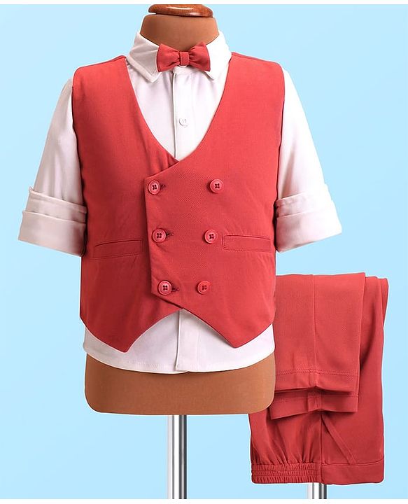 Babyhug Woven Full Sleeves Solid Color Party Suit with Shirt Waistcoat Trousers and Bow - White Rust Red