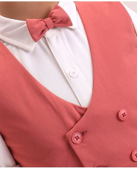 Babyhug Woven Full Sleeves Solid Color Party Suit with Shirt Waistcoat Trousers and Bow - White Rust Red