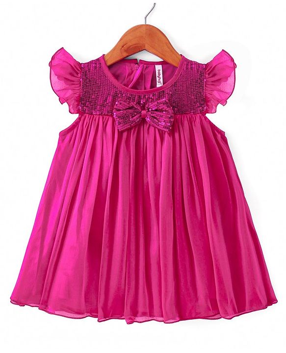 Babyhug Woven Frill Sleeves Party Dress With Sequin & Bow Detailing - Red