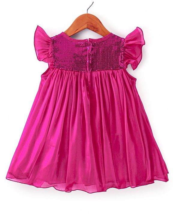 Babyhug Woven Frill Sleeves Party Dress With Sequin & Bow Detailing - Red