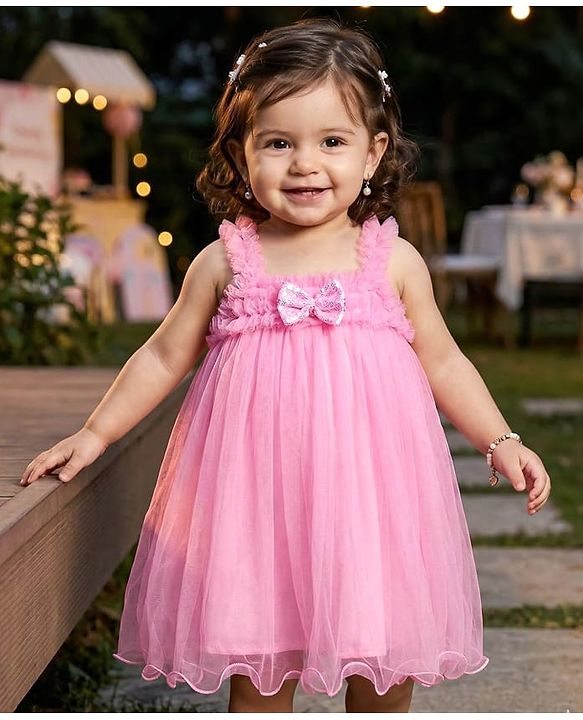 Babyhug Woven Sleeveless A Line Dress With Corsage & Bow Detailing - Pink