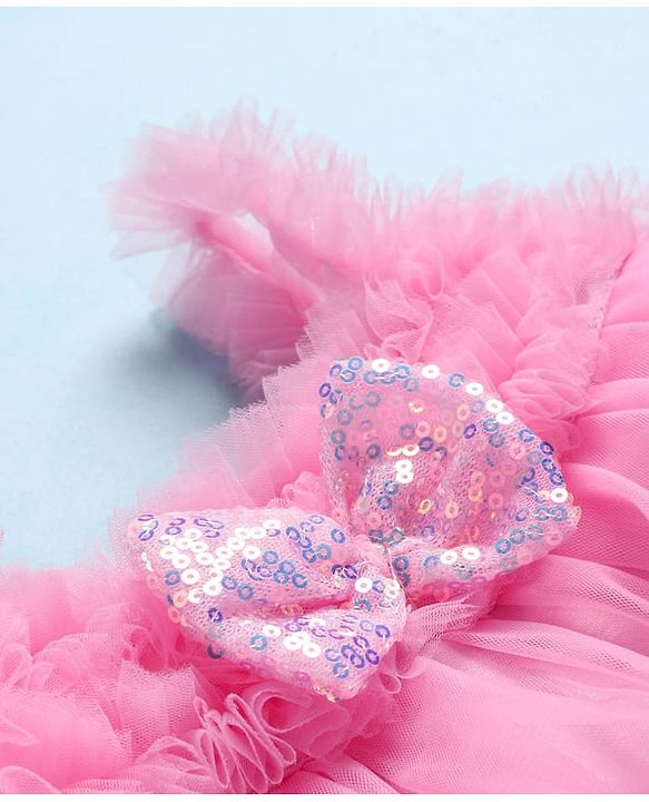Babyhug Woven Sleeveless A Line Dress With Corsage & Bow Detailing - Pink