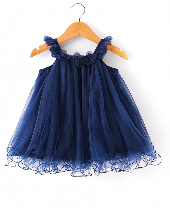Babyhug  Woven  Frill Sleeves A Line Party Frock  with Floral Corsage - Navy Blue