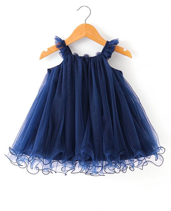 Babyhug  Woven  Frill Sleeves A Line Party Frock  with Floral Corsage - Navy Blue