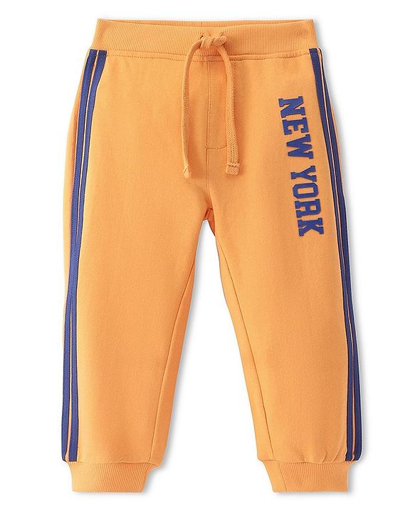 Babyhug French Terry Knit Full Length Track Pant with Text Print - Yellow