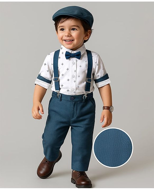 Babyhug Woven Full Sleeves Printed Shirt & Bottom Set With Cap & Suspenders - White & Teal Blue