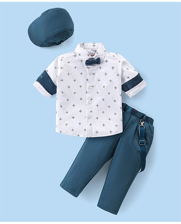 Babyhug Woven Full Sleeves Printed Shirt & Bottom Set With Cap & Suspenders - White & Teal Blue