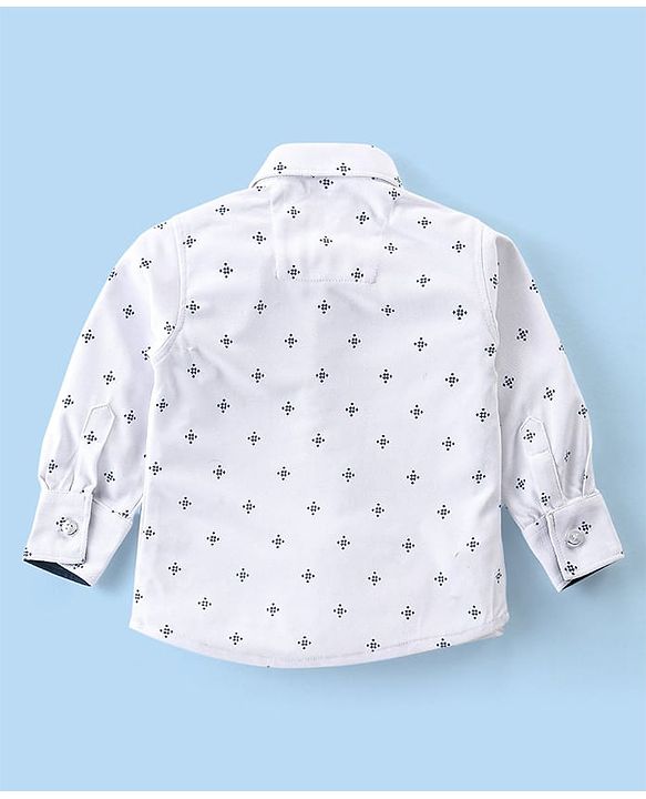 Babyhug Woven Full Sleeves Printed Shirt & Bottom Set With Cap & Suspenders - White & Teal Blue