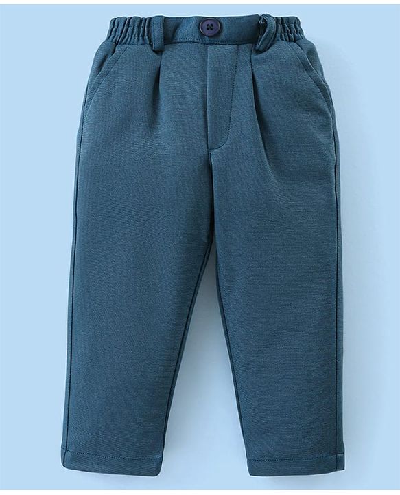 Babyhug Woven Full Sleeves Printed Shirt & Bottom Set With Cap & Suspenders - White & Teal Blue