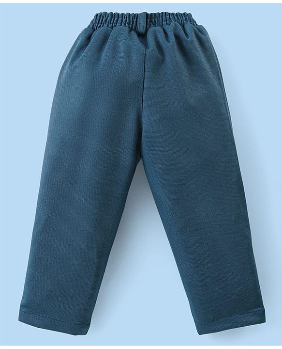 Babyhug Woven Full Sleeves Printed Shirt & Bottom Set With Cap & Suspenders - White & Teal Blue