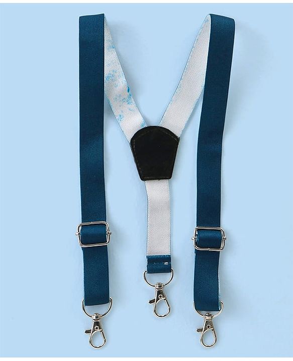 Babyhug Woven Full Sleeves Printed Shirt & Bottom Set With Cap & Suspenders - White & Teal Blue